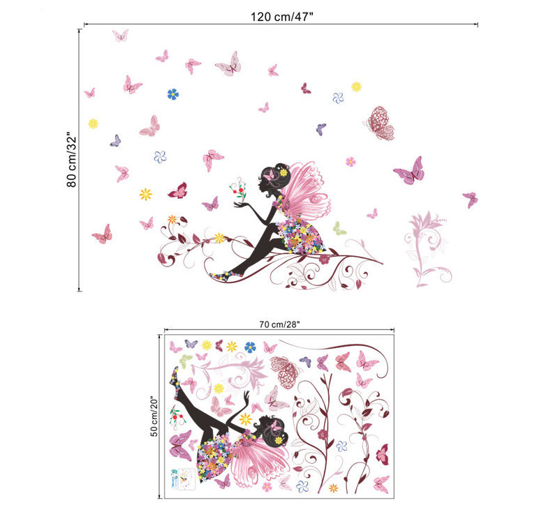 Sticker mural décoratif fée et papillons roses - Chambre fille